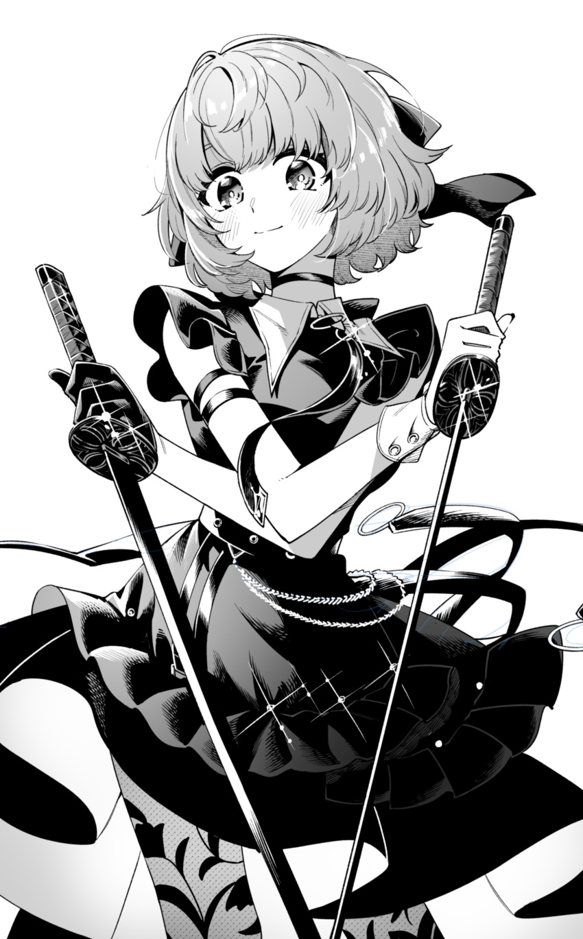 1girl absurdres armband belly_chain blush bow breasts choker closed_mouth cowboy_shot dress floral_print glint gloves greyscale hair_bow hair_ribbon hands_up highres holding holding_sword holding_weapon idolmaster idolmaster_shiny_colors idolmaster_shiny_colors_song_for_prism ikuta_haruki jewelry katana layered_dress looking_at_viewer medium_breasts monochrome pantyhose print_pantyhose ribbon short_hair short_sleeves simple_background single_glove smile solo standing sword trike_03 weapon white_background wrist_cuffs