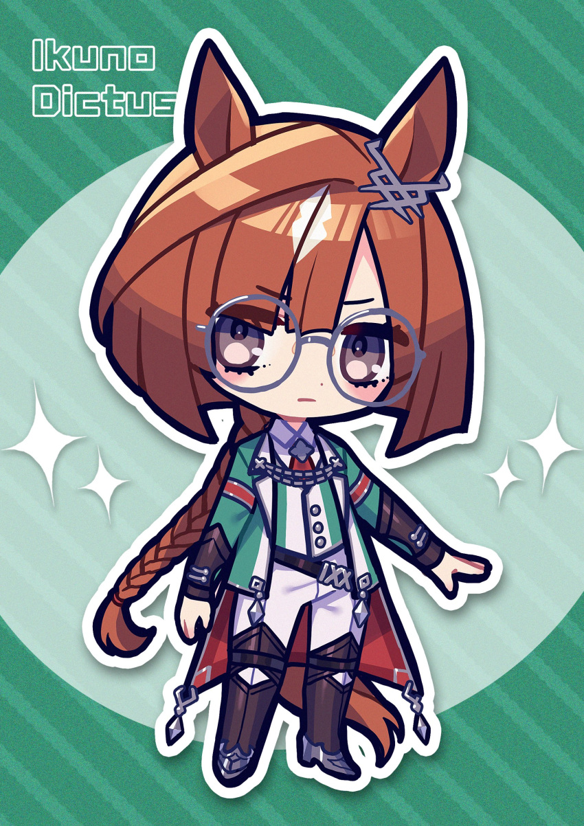1girl absurdres animal_ears asymmetrical_bangs black_eyes boots braid braided_ponytail brown_footwear brown_hair character_name chibi closed_mouth coat dot_nose frown glasses green_coat highres horse_ears horse_girl horse_tail ikuno_dictus_(umamusume) long_hair long_sleeves looking_at_viewer low_ponytail maigo_(user_xkwr8585) necktie outline outstretched_arm pants red_necktie round_eyewear shirt solo sparkle tail umamusume v-shaped_eyebrows vest white_outline white_pants white_shirt