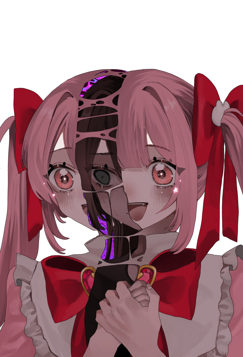 1girl absurdres black_shirt blush bow bowtie brown_hair crying crying_with_eyes_open dress dual_persona grey_eyes hair_bow hanataro_(sruvhqkehy1zied) highres holding long_hair open_mouth original own_hands_together pink_dress pink_eyes pink_hair red_bow red_bowtie shirt simple_background solo tears twintails upper_body white_background