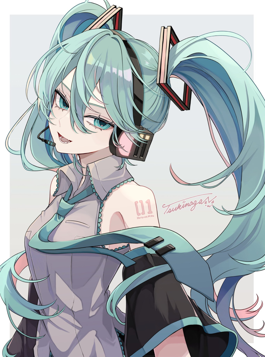 1girl :d arms_at_sides bare_shoulders black_skirt blue_eyes blue_hair blue_necktie border breasts collared_shirt detached_sleeves floating_hair floating_neckwear frilled_shirt frills from_side grey_background grey_shirt hair_between_eyes hatsune_miku headset highres long_hair long_sleeves looking_at_viewer lower_teeth_only microphone naguno-0713 necktie number_tattoo open_mouth outside_border shirt sidelocks signature simple_background skirt sleeveless sleeveless_shirt small_breasts smile solo tattoo teeth tie_clip twintails upper_body vocaloid white_border wing_collar