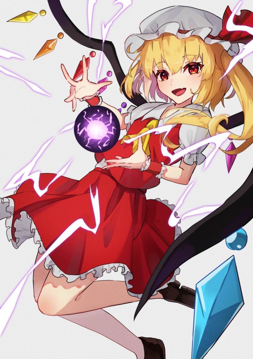 1girl ascot blonde_hair crystal_wings dress fang flandre_scarlet frills hat hat_ribbon highres izanaware_game medium_hair mob_cap open_mouth puffy_short_sleeves puffy_sleeves red_dress red_ribbon ribbon short_sleeves side_ponytail simple_background skin_fang solo touhou white_background yellow_ascot