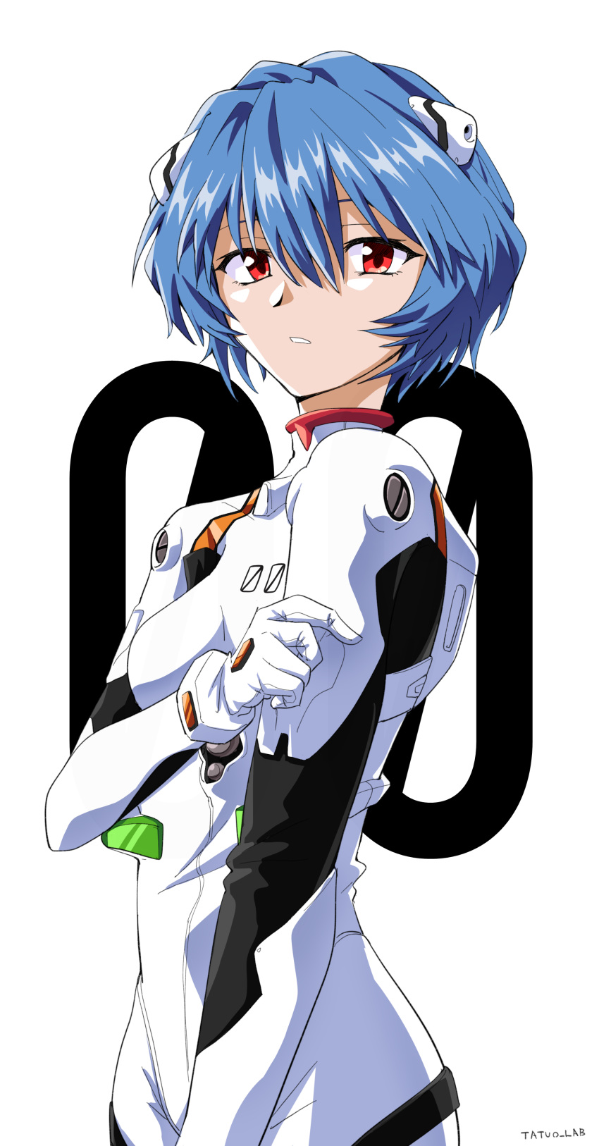 1990s_(style) 1girl absurdres arm_at_side artist_name ayanami_rei blue_hair cowboy_shot gloves hair_between_eyes hand_on_own_arm headgear highres looking_at_viewer neon_genesis_evangelion number_background parted_lips plugsuit red_eyes retro_artstyle short_hair signature solo tatuo_labo white_background white_gloves