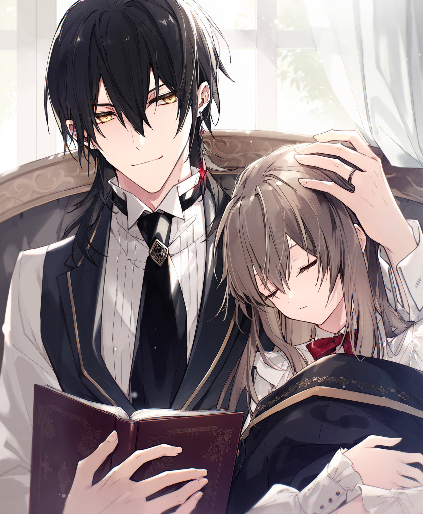 1boy 1girl absurdres black_hair black_jacket black_necktie black_vest blush book bow bowtie brown_hair closed_eyes closed_mouth collared_shirt curtains hand_on_another's_head hetero highres holding holding_book indoors jacket jewelry karisome_no_shitsuji_to_koushaku_no_himegoto leaning_on_person leaning_to_the_side long_sleeves medium_hair mochizuki_shiina mullet necktie open_book orange_eyes red_bow red_bowtie ring shirt sleeping traditional_bowtie under_covers unworn_jacket vest white_shirt window
