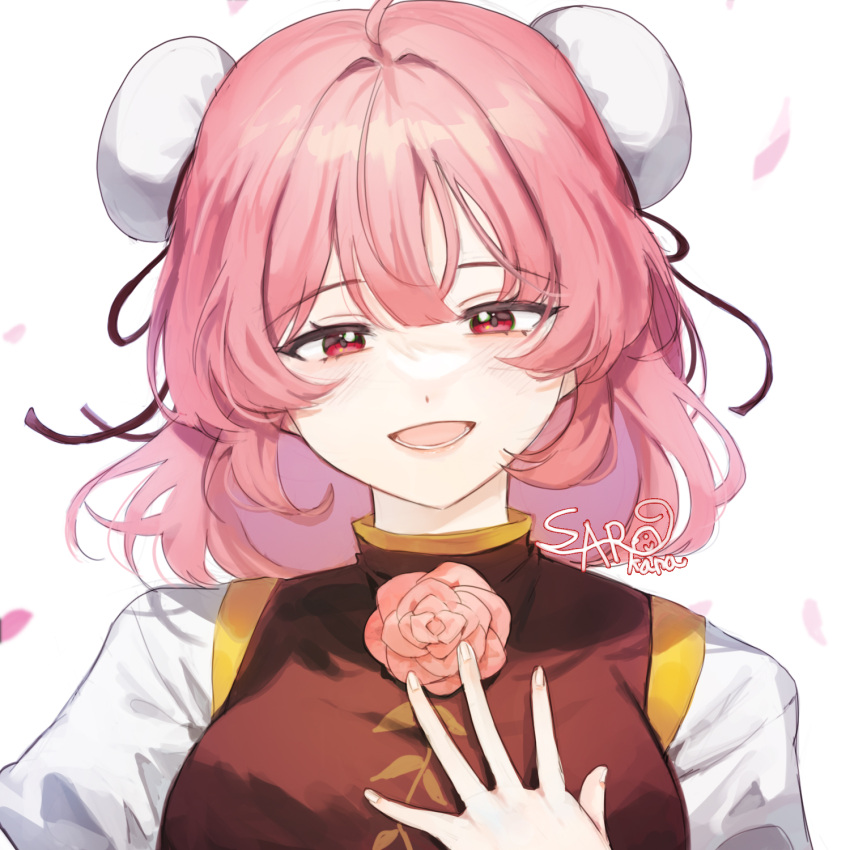 1girl blush breasts bun_cover commission fingernails flower highres ibaraki_kasen large_breasts looking_at_viewer open_mouth pink_eyes pink_flower pink_hair pink_rose rose sarukana shirt short_hair short_sleeves simple_background smile solo tabard touhou upper_body white_background white_shirt
