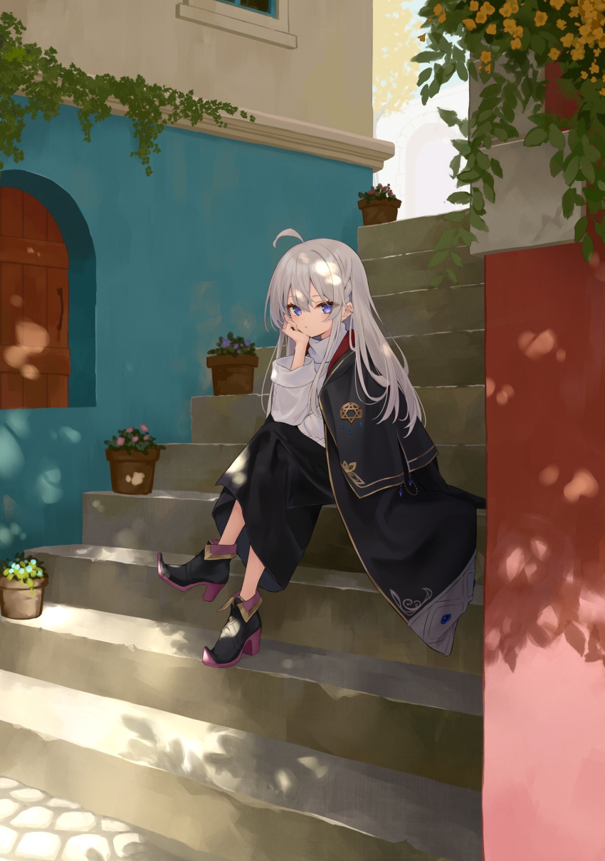 1girl absurdres ahoge arm_support azuuru black_cape black_dress black_footwear braid cape closed_mouth cover cover_image crossed_legs dress elaina_(majo_no_tabitabi) full_body grey_hair high_heels highres long_hair looking_at_viewer majo_no_tabitabi novel_illustration official_art outdoors shirt sitting sitting_on_stairs solo stairs sunlight textless_version violet_eyes white_shirt