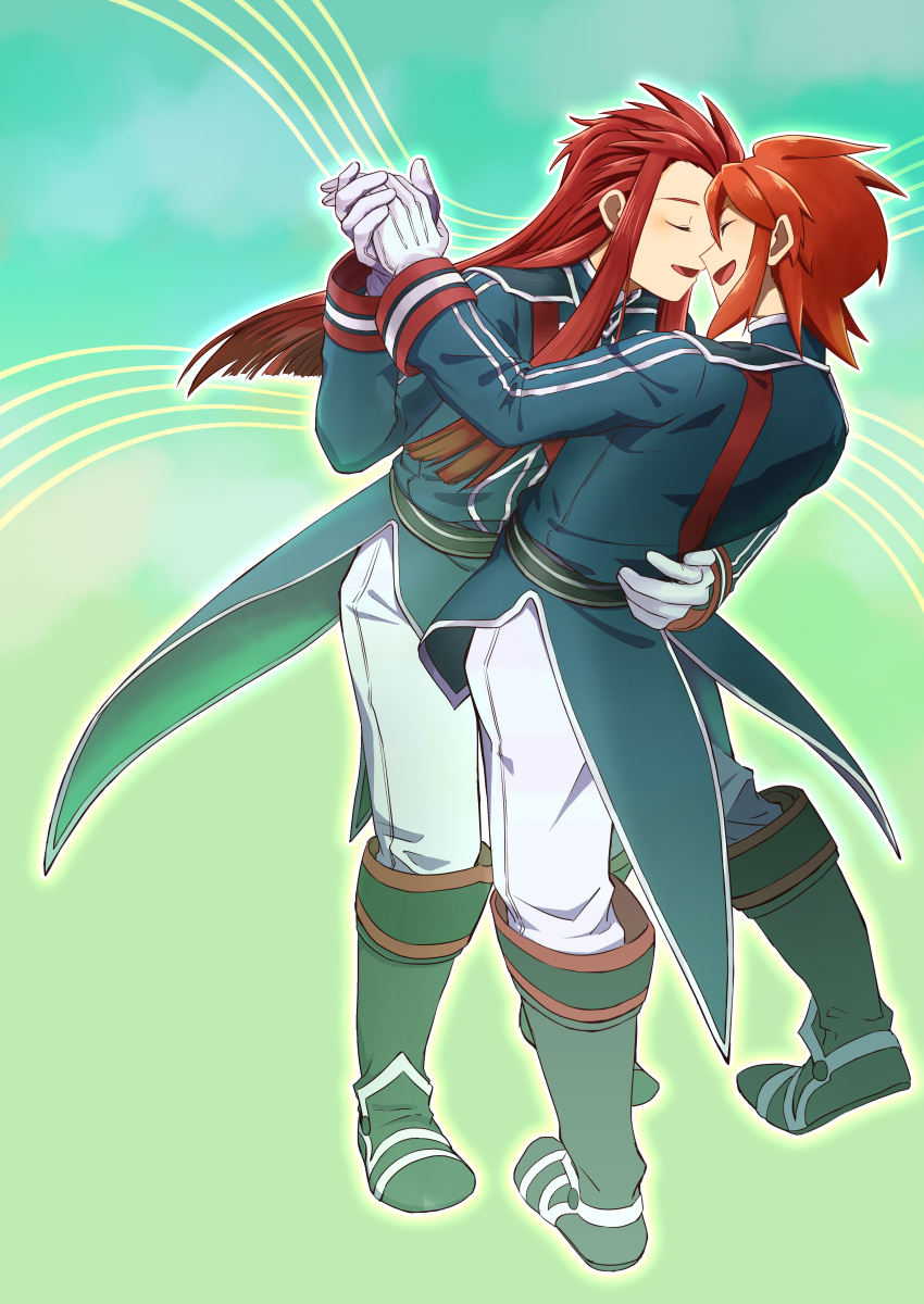 2boys absurdres asch_(tales) belt black_belt black_footwear blue_shirt boots closed_eyes cosplay facing_another gloves green_background highres holding_hands knee_boots long_hair luke_fon_fabre luke_fon_fabre_(cosplay) luke_fon_fabre_(viscount) male_focus multiple_boys official_alternate_costume open_mouth pants redhead shiki_123 shirt sidelocks smile spiky_hair staff_(music) standing tales_of_(series) tales_of_the_abyss white_gloves white_pants
