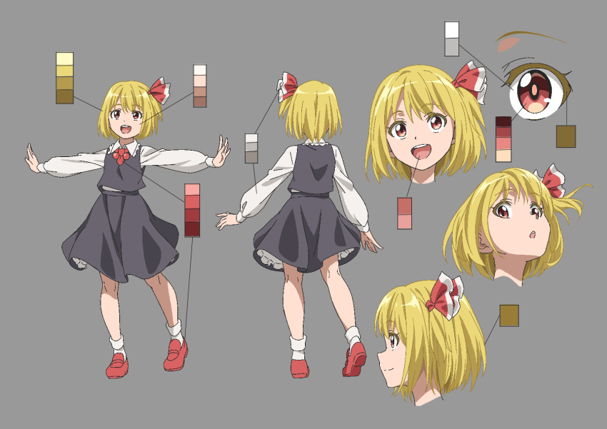 1girl :d :o ascot black_skirt black_vest blonde_hair closed_mouth collared_shirt color_guide frilled_shirt_collar frills full_body grey_background gyouza_(mhea5724) hair_ribbon happy highres loafers long_sleeves open_mouth outstretched_arms puffy_sleeves red_ascot red_eyes red_footwear red_ribbon reference_sheet ribbon rumia shirt shoes short_hair simple_background skirt skirt_set smile socks spread_arms teeth touhou upper_teeth_only vest white_socks