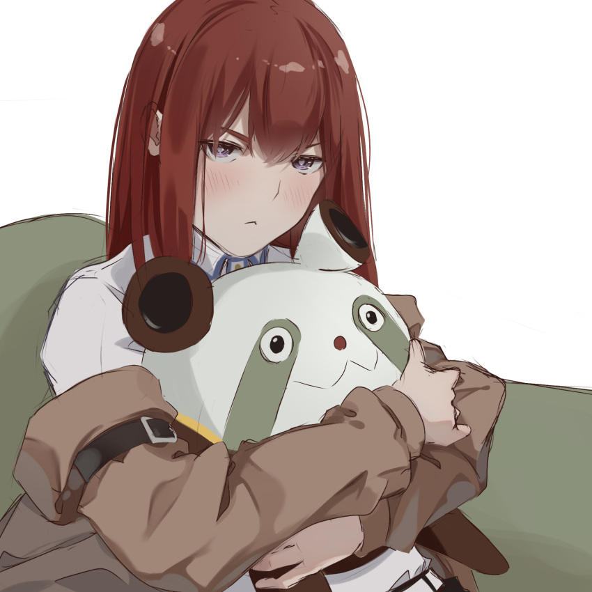 1girl :&lt; arm_belt armchair belt brown_jacket chair closed_mouth collared_shirt hair_between_eyes hatanana highres holding holding_stuffed_toy hugging_object jacket light_frown long_hair long_sleeves looking_at_viewer makise_kurisu redhead shirt sitting sketch solo steins;gate stuffed_animal stuffed_panda stuffed_toy upper_body violet_eyes white_background white_shirt
