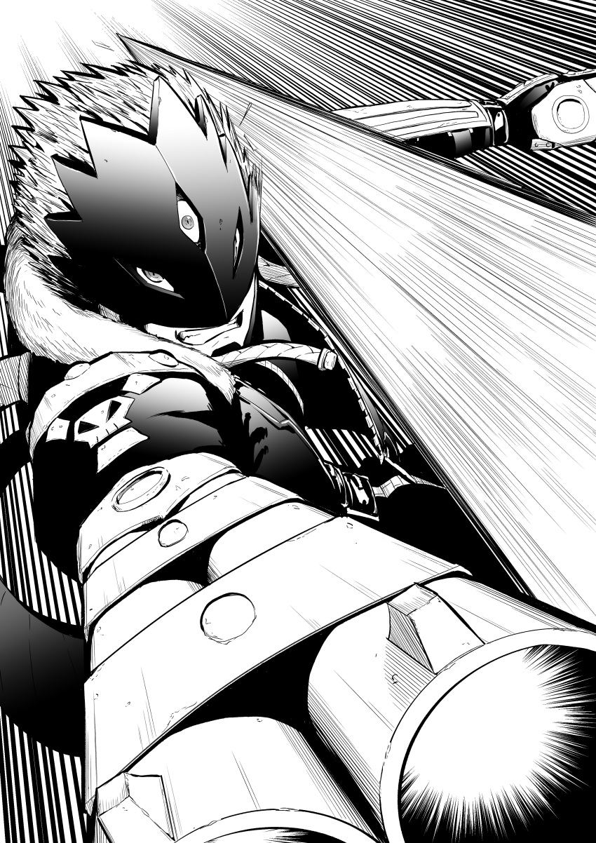 absurdres beelzebumon cropped_jacket digimon digimon_tamers double_barrels dukemon eye_mask greyscale gun hasegawa_(hase_popopo) highres holding holding_gun holding_weapon lance monochrome out_of_frame polearm short_hair speed_lines spiky_hair third_eye weapon