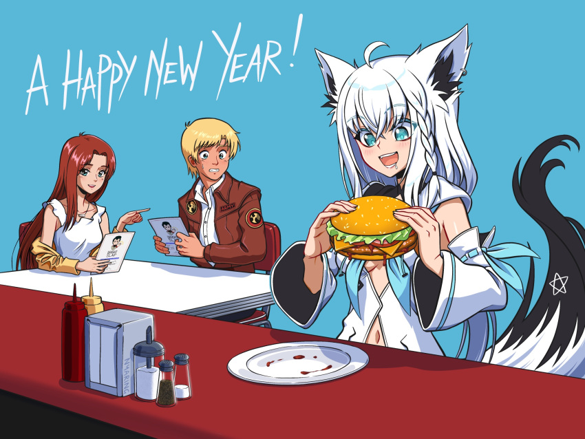 1boy 2girls ahoge animal_ear_fluff animal_ears bernard_wiseman blonde_hair blue_eyes blue_neckerchief blush braid breasts bright_noa burger cheese christina_mackenzie counter detached_sleeves diner drooling earrings fast_food food fox_ears fox_girl fox_tail front_slit gundam gundam_0080 hair_between_eyes highres holding holding_food hololive hood hoodie jewelry ketchup ketchup_bottle lettuce long_hair meat mouth_drool multiple_girls mustard_bottle napkin napkin_holder neckerchief nyaring943 open_mouth pentagram pepper_shaker pointing pointing_at_another redhead restaurant saliva salt salt_shaker sesame_seeds shirakami_fubuki shirakami_fubuki_(1st_costume) side_braid sidelocks simple_background single_braid smile tail tomato tomato_slice virtual_youtuber white_hair white_hoodie