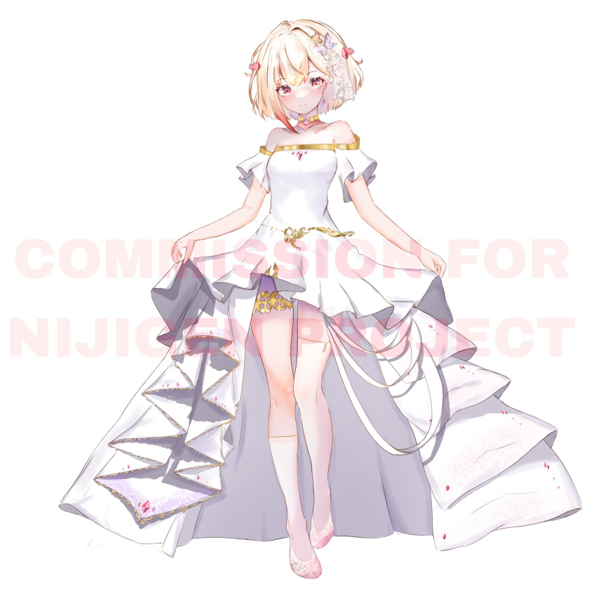 absurdres akatsukidapda blonde_hair clothes_lift commission dress frilled_dress frills hair_ornament highres light_smile nijigen_project pink_gemstone red_eyes short_hair single_thighhigh skirt skirt_lift smile thigh-highs thigh_strap vietnamese_commentary virtual_youtuber wedding_dress white_background white_dress white_footwear white_thighhighs