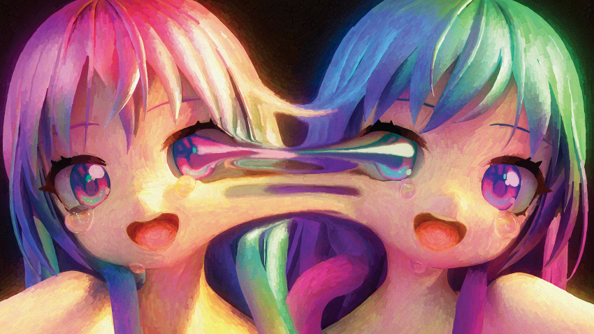 2girls :d absurdres body_horror eyelashes highres long_hair looking_at_viewer multicolored_hair multiple_girls open_mouth original painting_(medium) purple_pupils round_teeth smile tears teeth topless traditional_media ufoshock upper_teeth_only