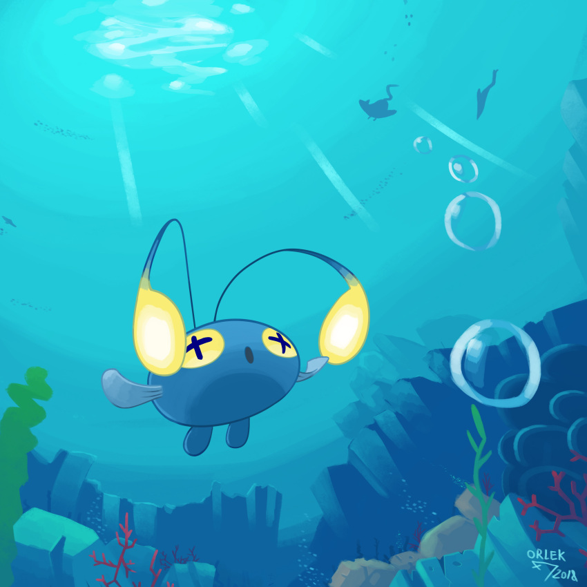 absurdres air_bubble artist_name bubble chinchou highres no_humans orlek pokemon pokemon_(creature) rock seaweed silhouette solo_focus underwater