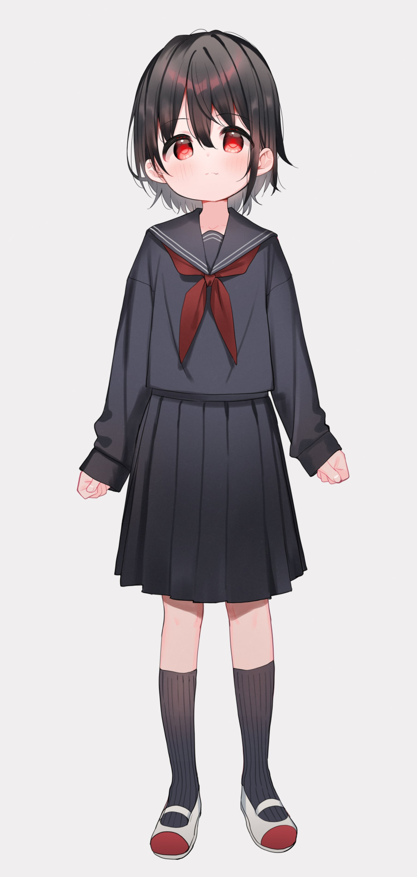 1girl absurdres black_hair black_sailor_collar black_serafuku black_shirt black_skirt black_socks blush closed_mouth collarbone fang fang_out full_body grey_background grey_footwear hair_between_eyes highres long_sleeves looking_at_viewer meito_(maze) neckerchief original puffy_long_sleeves puffy_sleeves red_eyes red_neckerchief ribbed_socks sailor_collar school_uniform serafuku shirt shoes simple_background skirt sleeves_past_wrists socks solo standing uwabaki