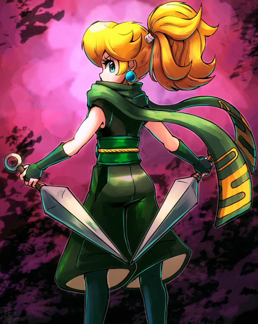 1girl absurdres back blonde_hair blue_eyes dual_wielding earrings eyelashes fingerless_gloves gloves green_shorts highres holding holding_weapon jewelry kunai long_hair looking_back ninja nintendo official_alternate_costume ponytail princess_peach princess_peach:_showtime! scarf shorts standing stoic_seraphim super_mario_bros. weapon