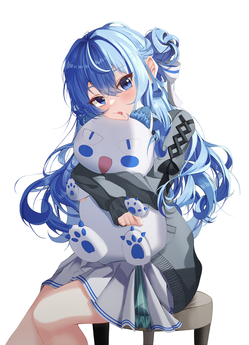 1girl absurdres blue_hair bow chair face_squeeze grey_sweater hair_bow hair_bun half_updo highres hololive hoshimachi_suisei hug long_sleeves looking_at_viewer maru_(est3562) pleated_skirt simple_background sitting skirt solo star_(symbol) star_in_eye stuffed_animal stuffed_toy sweater symbol_in_eye virtual_youtuber wariza white_background white_skirt