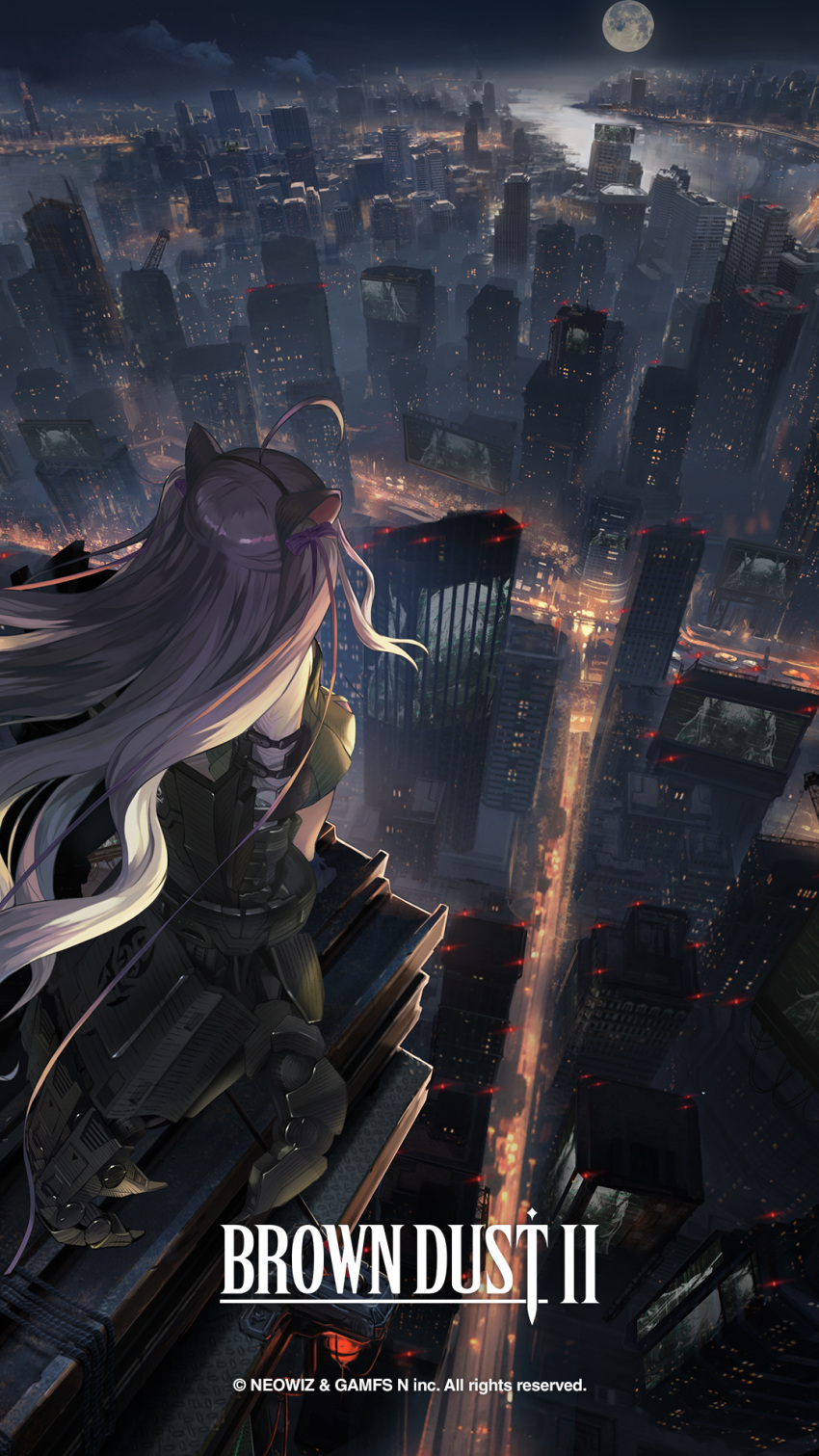1girl ahoge animal_ears billboard black_dress blurry brown_dust_2 building cat_ears city_lights cityscape copyright_name dress fake_animal_ears from_above from_behind full_body full_moon grey_hair highres huge_weapon lake long_hair looking_down mechanical_arms moon morphea_(brown_dust) night official_alternate_costume official_art official_wallpaper rou_(brown_dust) searchlight second-party_source shirt skyline skyscraper solo very_long_hair weapon white_shirt