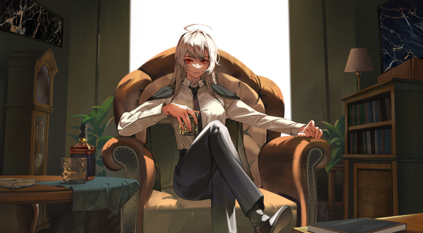 1girl ahoge alcohol armchair black_footwear black_necktie black_pants book bookshelf bottle breasts capelet chair clock collared_shirt commentary crossed_legs cup diagonal-striped_clothes diagonal-striped_necktie drinking_glass fingernails foot_out_of_frame grandfather_clock grey_capelet halo_ahoge highres holding holding_cup indoors jack_daniel's lamp long_hair long_sleeves looking_at_viewer medium_breasts necktie original painting_(object) pants parted_lips plant potted_plant red_eyes shirt shoes sitting slit_pupils socks sogalus solo striped_clothes table tablecloth white_hair white_shirt
