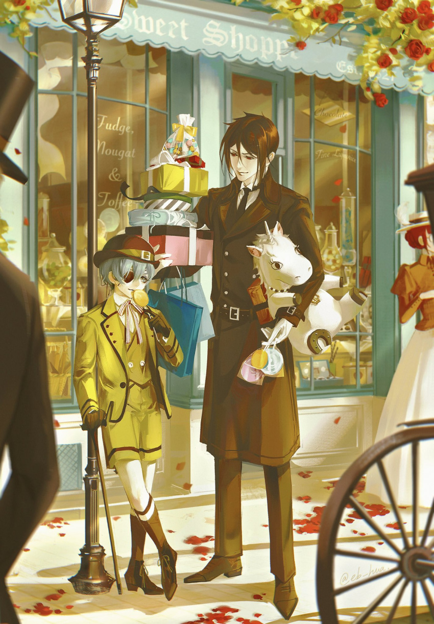 2boys artist_name bag belt bicycle black_belt black_footwear black_hair black_headwear black_necktie black_pants black_suit blue_bag blue_eyes blue_hair bowler_hat box candy cane ciel_phantomhive collared_shirt earrings eb016 english_commentary eyepatch food gift gift_box hat height_difference highres holding holding_bag holding_candy holding_cane holding_food holding_gift holding_lollipop holding_stuffed_toy jacket jewelry kodona kuroshitsuji lamppost leaf lolita_fashion lollipop looking_at_another male_focus multiple_boys necktie outdoors pants people red_eyes ribbon road sebastian_michaelis shirt shop short_hair shorts smile standing street striped_ribbon stuffed_toy stuffed_unicorn suit twitter_username victorian white_ribbon white_shirt window yellow_belt yellow_jacket yellow_shirt yellow_shorts yellow_theme