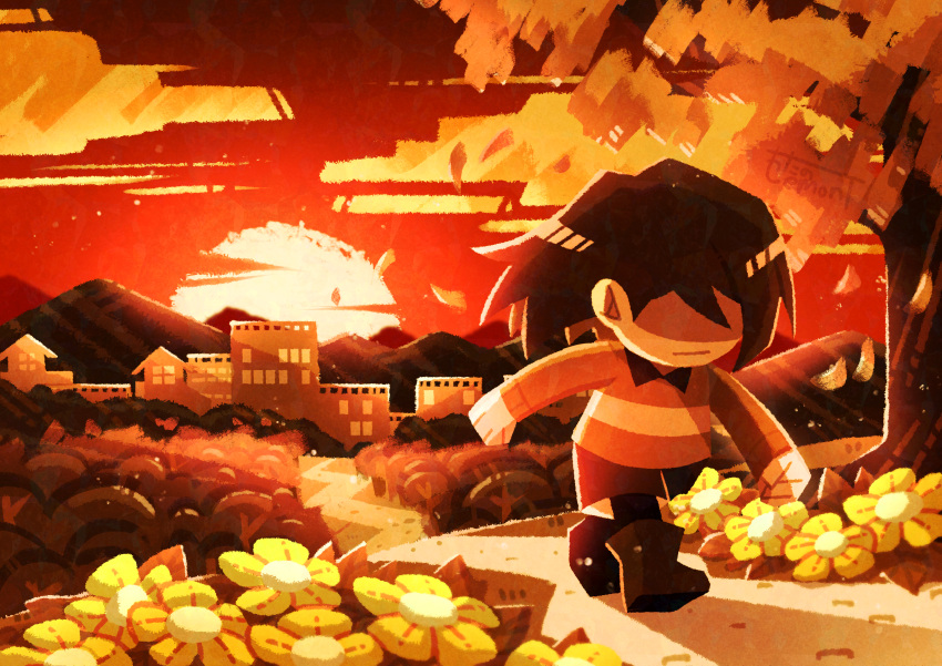 1other :| absurdres androgynous ankle_boots artist_name black_footwear boots brown_hair brown_shorts building child clenched_hands closed_mouth clouds commentary_request covered_eyes deltarune expressionless facing_viewer falling_petals flower highres kris_(deltarune) long_sleeves orange_sweater orange_theme other_focus outdoors path petals red_sky scenery shaded_face short_hair shorts sky sun sunset sweater town tree walking watawata22 wide_shot yellow_flower