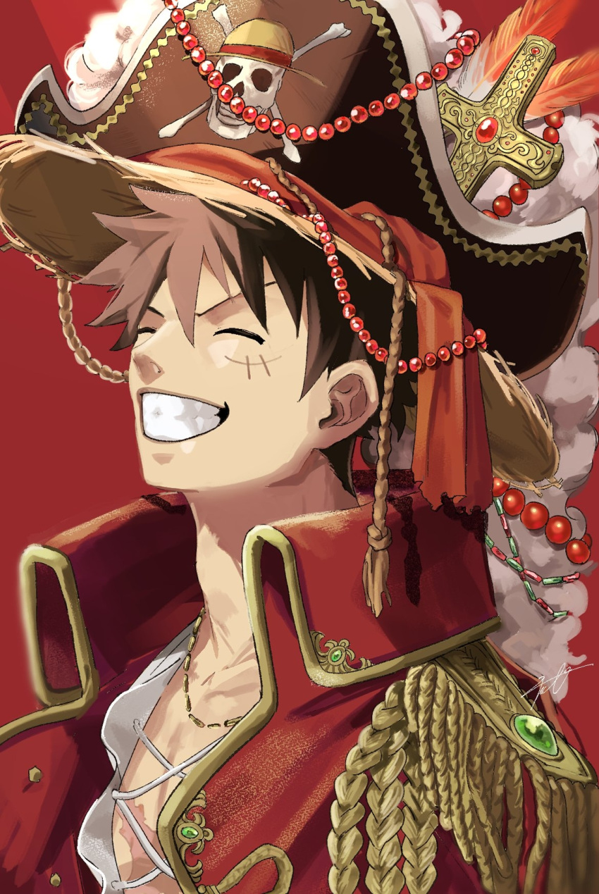 1boy alternate_costume black_hair clenched_teeth closed_eyes commentary_request cross epaulettes fujitachobi hat highres jewelry jolly_roger male_focus monkey_d._luffy one_piece pirate_hat red_background scar scar_on_cheek scar_on_face short_hair simple_background skull_and_crossbones smile solo straw_hat teeth