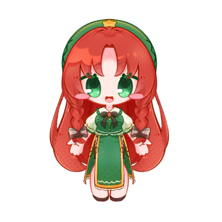 1girl black_bow black_bowtie blush_stickers bow bowtie braid breasts brown_footwear chibi china_dress chinese_clothes dress green_dress green_eyes green_headwear hair_intakes hat hat_ornament highres hong_meiling inukkomaru looking_at_viewer medium_breasts open_mouth puffy_short_sleeves puffy_sleeves redhead short_sleeves simple_background smile solo standing star_(symbol) star_hat_ornament touhou twin_braids white_background white_sleeves