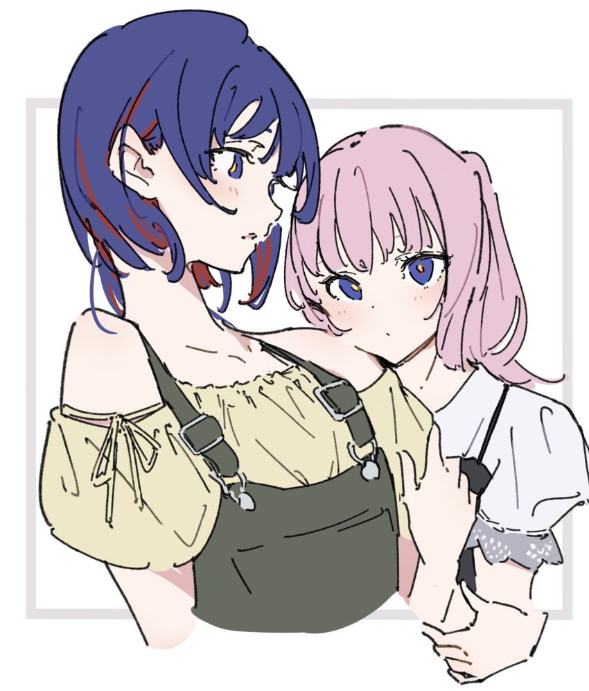 2girls atenaba bare_shoulders black_camisole blue_eyes blue_hair blush camisole cropped_torso hand_on_another's_shoulder highres kaf_(kamitsubaki_studio) kamitsubaki_studio long_hair looking_at_another looking_at_viewer medium_hair multicolored_hair multiple_girls off-shoulder_shirt off_shoulder pink_hair redhead rim_(kamitsubaki_studio) shirt short_sleeves simple_background streaked_hair suspenders upper_body white_background white_shirt yellow_pupils yellow_shirt yuri
