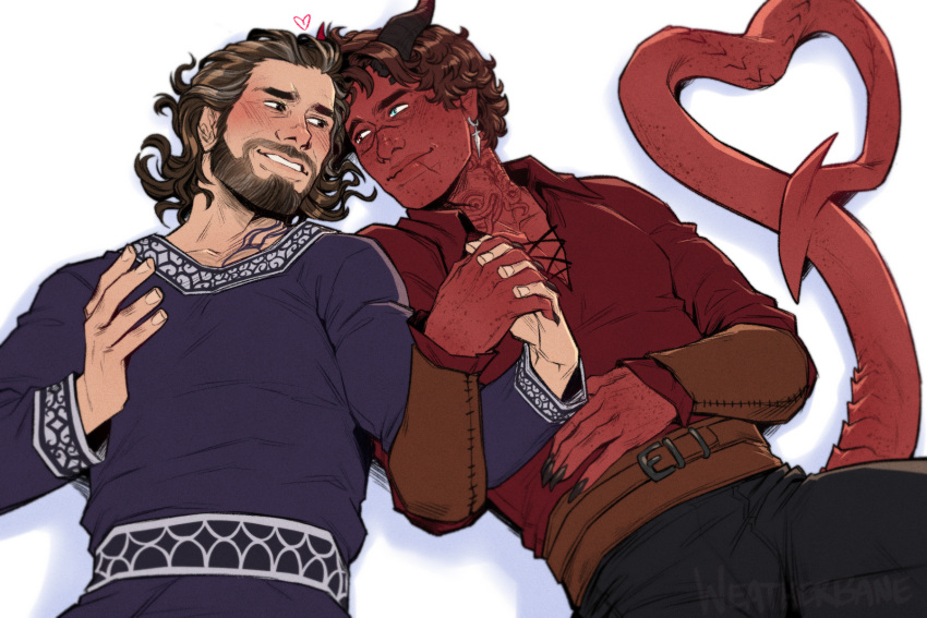 1boy 1other androgynous baldur's_gate baldur's_gate_3 blush body_freckles brown_hair chest_hair colored_skin commission couple cowboy_shot demon_tail dungeons_and_dragons eye_contact face-to-face facial_hair freckles gale_(baldur's_gate) heart heart_tail highres holding_hands interspecies lips looking_at_another mature_male medium_hair mustache_stubble red_skin smile stubble tail tav_(baldur's_gate_3) thick_eyebrows tiefling upper_body weatherbane