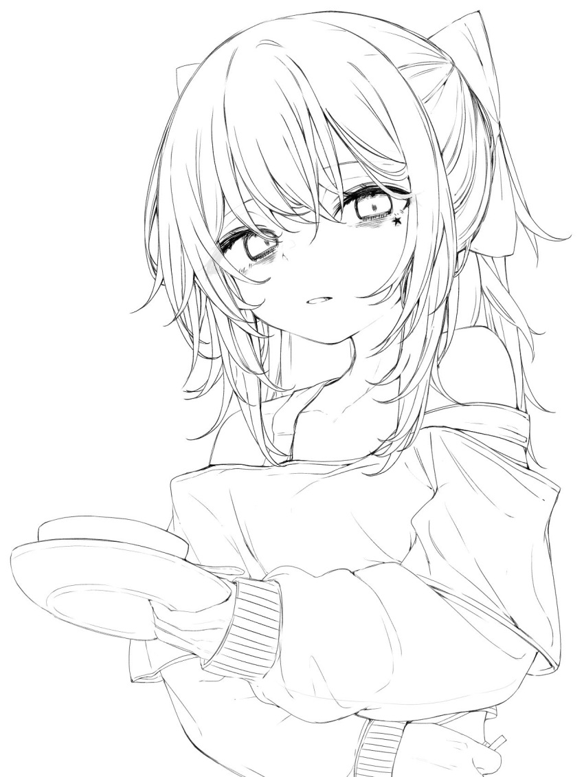 1girl bags_under_eyes bare_shoulders highres holding holding_plate lineart long_hair looking_at_viewer monochrome mushoku_loli mushoku_loli_(character) original parted_lips plate ponytail shirt sketch solo upper_body