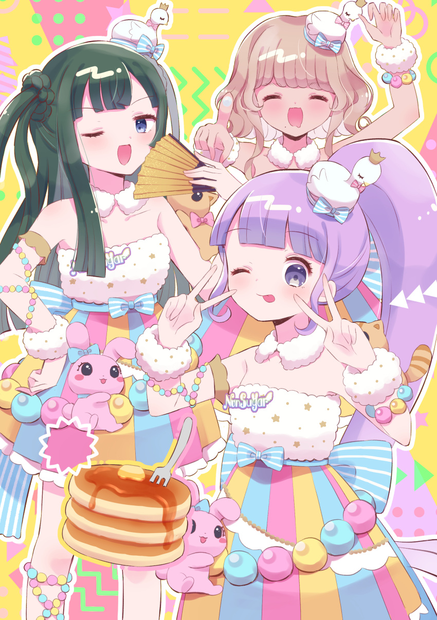 3girls :d ;d ^_^ absurdres arm_up bird_hat blue_eyes blunt_bangs blush brown_hair closed_eyes cowboy_shot detached_collar double_v dress folding_fan food green_hair hand_fan hand_on_own_hip hands_up highres holding holding_fan hoshikuzu_(pinkholic) index_finger_raised long_hair looking_at_viewer manaka_non multicolored_clothes multicolored_dress multiple_girls one_eye_closed open_mouth outline pancake pancake_stack pretty_series pripara purple_hair saliva short_hair side_ponytail smile standing syrup taiyo_pepper tongue tongue_out tsukikawa_chili two_side_up v very_long_hair violet_eyes