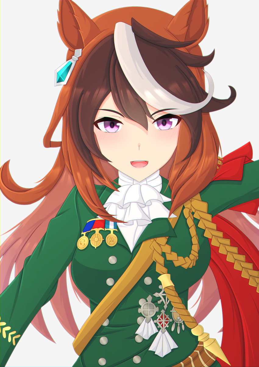 1girl 2-butani absurdres animal_ears ascot brown_hair cape commentary_request crossed_arms epaulettes green_shirt hair_between_eyes highres horse_ears horse_girl light_blush long_hair long_sleeves looking_at_viewer military_uniform multicolored_hair open_mouth red_cape shirt side_cape simple_background single_epaulette smile solo streaked_hair symboli_rudolf_(umamusume) umamusume uniform upper_body very_long_hair violet_eyes white_ascot white_background white_hair