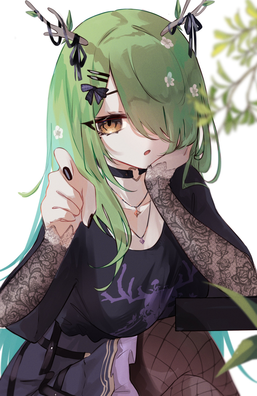 1boy absurdres antlers black_pantyhose branch ceres_fauna fishnet_pantyhose fishnets flower gradient_hair green_hair hair_flower hair_ornament highres hololive hololive_english horns multicolored_hair nail_polish pantyhose solo tree_horns uve virtual_youtuber