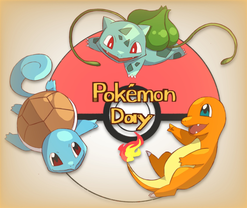 :d anniversary bright_pupils bulbasaur charmander commentary_request copyright_name fangs flame-tipped_tail green_eyes no_humans open_mouth plant poke_ball_symbol pokemon pokemon_(creature) red_eyes smile squirtle starter_pokemon_trio tawashimouse vines white_pupils