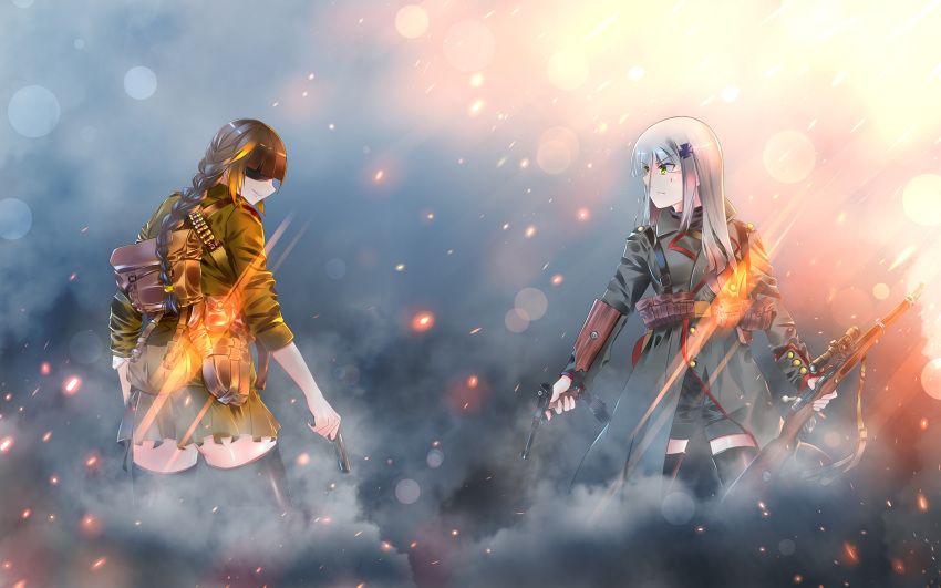 2girls battlefield battlefield_(series) battlefield_1 brown_eyes brown_hair closed_mouth eyepatch girls_frontline green_eyes gun handgun highres hk416_(girls'_frontline) long_hair looking_at_another luger_p08 lzypoipoi m16a1_(girls'_frontline) m1911 multicolored_hair multiple_girls smile weapon white_hair