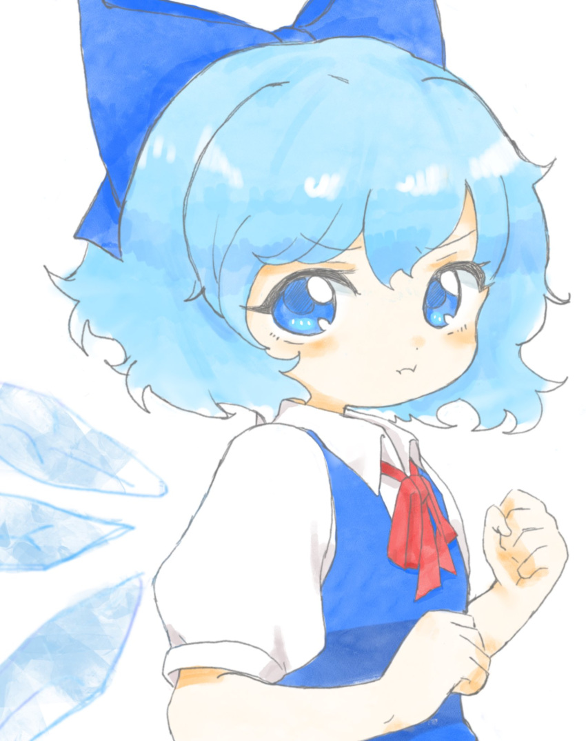 1girl blue_bow blue_eyes blue_hair blue_vest bow cirno clenched_hands closed_mouth collared_shirt detached_wings dot_nose frown hair_bow highres ice ice_wings light_blue_hair looking_at_viewer neck_ribbon pout red_ribbon ribbon sanunu36 shirt short_hair simple_background solo touhou upper_body vest white_background white_shirt wings
