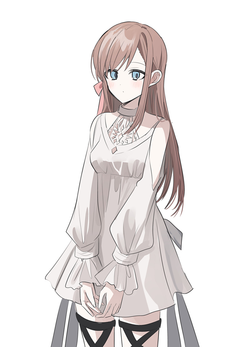 1girl bare_shoulders blue_eyes blush breasts brown_hair character_request chihuri closed_mouth clothing_cutout dress final_fantasy final_fantasy_xiv highres long_hair long_sleeves looking_at_viewer puffy_long_sleeves puffy_sleeves shoulder_cutout simple_background sleeves_past_wrists small_breasts solo very_long_hair white_background white_dress