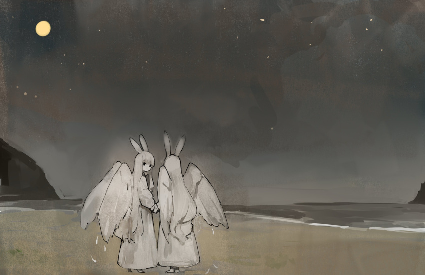 2girls animal_ears beach black_eyes commentary commentary_request dress falling_feathers feathered_wings feathers full_moon grey_dress grey_hair grey_wings highres holding_hands long_dress long_hair long_sleeves looking_to_the_side moon multiple_girls ocean original outdoors rabbit_ears shirokujira sky standing star_(sky) starry_sky very_long_hair water wavy_hair wings
