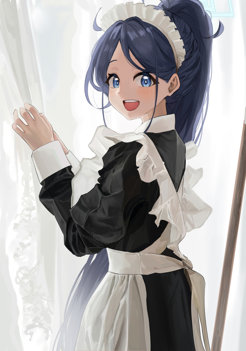 1girl apron arata_haru aris_(blue_archive) aris_(maid)_(blue_archive) black_dress blue_archive blue_eyes blue_hair blue_halo bright_pupils collared_dress commentary_request cowboy_shot curtains dress from_side halo hands_up highres korean_commentary light_blush long_hair long_sleeves looking_at_viewer maid_apron maid_headdress mop official_alternate_costume open_mouth ponytail puffy_long_sleeves puffy_sleeves smile solo square_halo standing teeth turning_head upper_teeth_only very_long_hair white_apron white_pupils