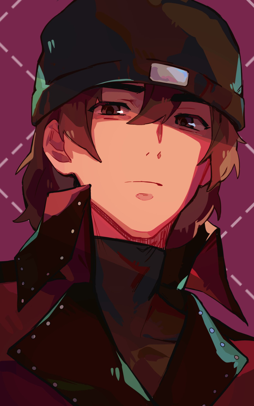 1boy absurdres aragaki_shinjirou beanie black_headwear brown_coat brown_eyes brown_hair closed_mouth coat collared_coat commentary emi_star hat highres looking_at_viewer male_focus medium_hair persona persona_3 portrait solo sweater symbol-only_commentary turtleneck turtleneck_sweater upper_body