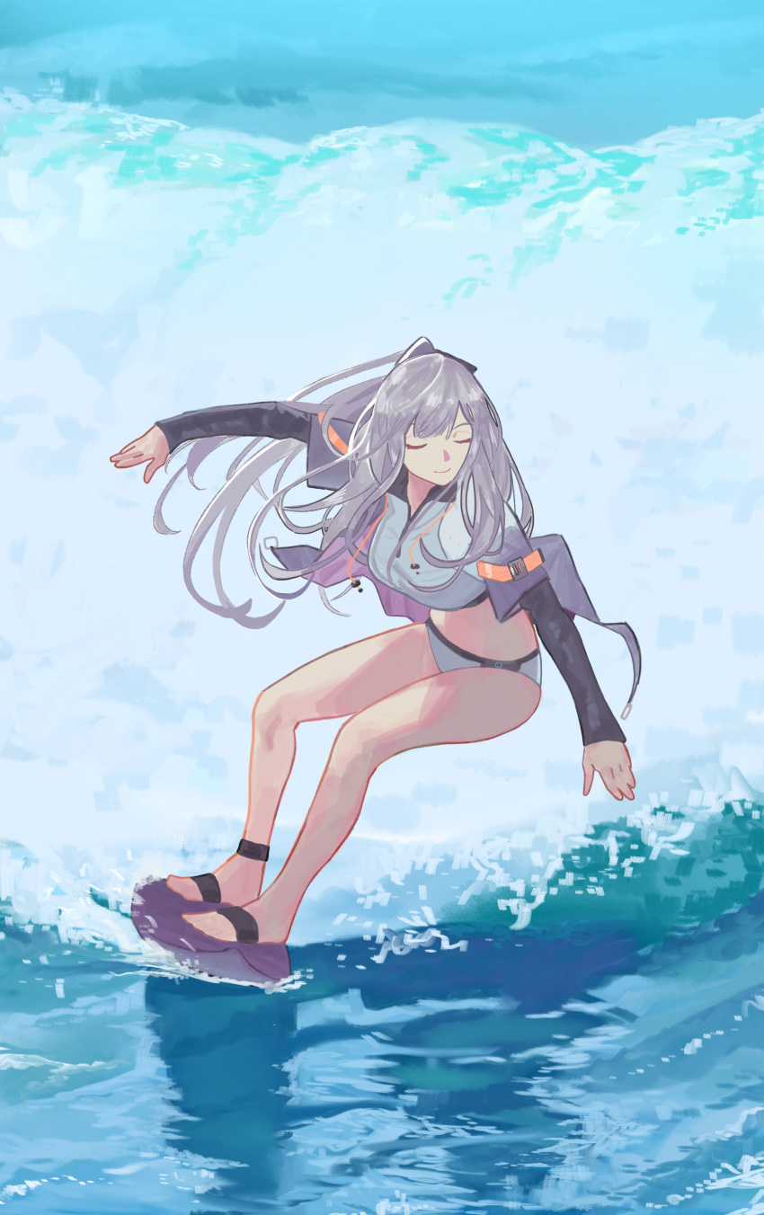 1girl absurdres ak-12_(age_of_slushies)_(girls'_frontline) ak-12_(girls'_frontline) bikini closed_eyes closed_mouth full_body girls_frontline grey_hair grey_jacket highres izaru_31 jacket long_hair no_shoes official_alternate_costume open_clothes open_jacket smile solo surfboard surfing swimsuit water