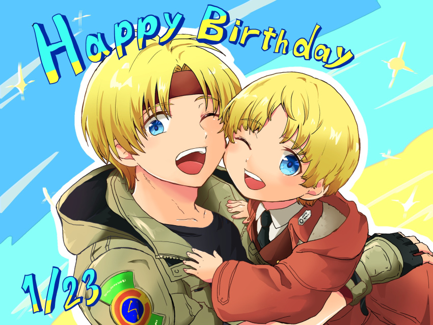 2boys :d aged_down black_necktie blonde_hair blue_eyes claude_kenni dated dual_persona fingerless_gloves gloves happy_birthday headband highres jacket looking_at_viewer male_focus minat111 multiple_boys necktie one_eye_closed open_mouth red_headband short_hair smile star_ocean star_ocean_the_second_story