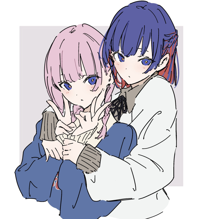 2girls atenaba blue_eyes blue_hair blue_sweater braid closed_mouth colored_inner_hair double_v french_braid grey_background hands_on_another's_wrists highres hug hug_from_behind kaf_(kamitsubaki_studio) kamitsubaki_studio long_sleeves looking_at_viewer multicolored_hair multiple_girls parted_lips pink_hair redhead rim_(kamitsubaki_studio) shirt sweater twin_braids two-tone_background upper_body v white_background white_shirt yellow_pupils