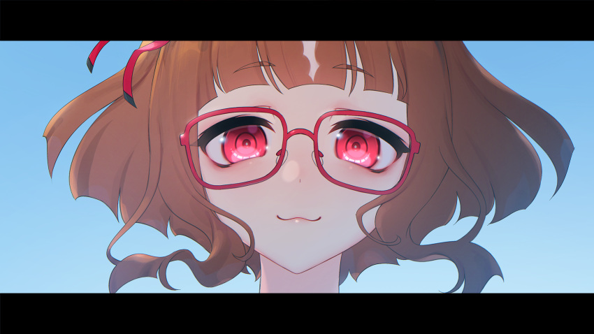 1girl :3 blue_background brown_hair closed_mouth glasses highres letterboxed looking_at_viewer ningen3333 portrait red_eyes short_hair smile solo straight-on transcend_(umamusume) umamusume