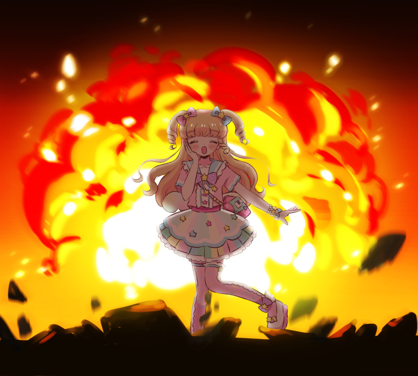 1girl :d backlighting blonde_hair blush bow closed_eyes debris dress explosion full_body hair_bow hair_ornament hand_on_own_cheek hand_on_own_face hand_up highres hoshikuzu_(pinkholic) idol_clothes idol_time_pripara long_hair open_mouth pink_dress pink_thighhighs pretty_series pripara rice_cooker ringlets shoes smile solo standing star_(symbol) star_hair_ornament takki_(pripara) thigh-highs two_side_up yumekawa_yui