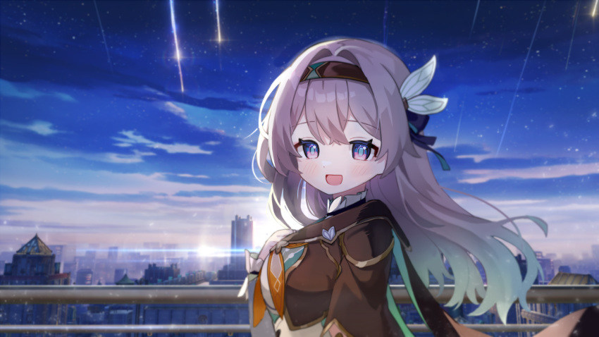 1girl blue_eyes blush brown_jacket cropped_jacket firefly_(honkai:_star_rail) game_screenshot_background gold_trim gradient_hair grey_hair hand_on_own_chest happy highres honkai:_star_rail honkai_(series) jacket long_hair looking_at_viewer miyako_draw multicolored_hair open_mouth railing smile solo upper_body