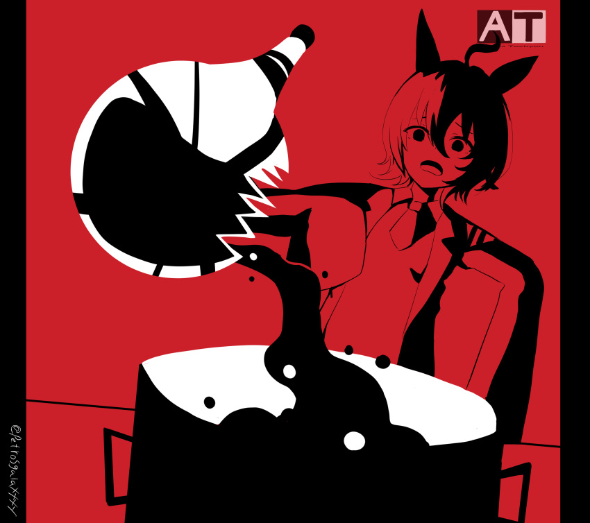 1girl absurdres agnes_tachyon_(umamusume) ahoge animal_ears broken_glass coat commentary_request flask glass hair_between_eyes highres horse_ears horse_girl lab_coat limited_palette messy_hair necktie open_clothes open_coat open_mouth parody peteron powerpuff_girls professor_utonium round-bottom_flask sleeves_past_fingers sleeves_past_wrists solo twitter_username umamusume upper_body