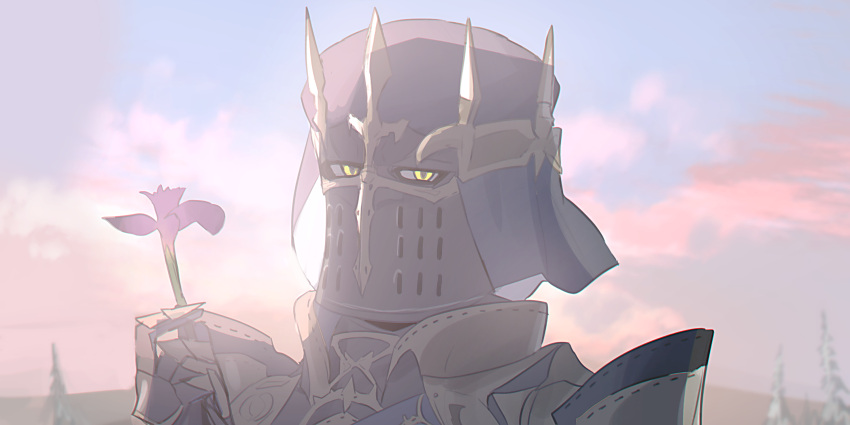 1other ambiguous_gender armor blue_sky chihuri clouds cloudy_sky final_fantasy final_fantasy_xiv flower fray_myste gauntlets helm helmet highres holding holding_flower looking_at_viewer other_focus outdoors pauldrons portrait purple_flower shoulder_armor sky solo sunset tree yellow_eyes
