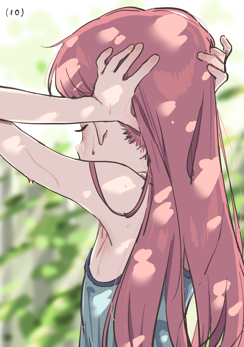 1girl adjusting_hair blush bouen camisole closed_eyes day from_behind highres long_hair original outdoors pink_hair solo sunlight sweat upper_body