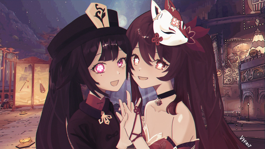 2girls :d absurdres artist_name black_choker black_headwear black_shirt bow brown_eyes brown_hair choker collarbone dress face-to-face flower-shaped_pupils fox_mask from_side genshin_impact hair_bow hat highres holding_hands honkai:_star_rail honkai_(series) hu_tao_(genshin_impact) long_hair looking_at_viewer mask mask_on_head multiple_girls open_mouth pink_eyes portrait red_bow red_dress shirt sleeveless sleeveless_dress smile sparkle_(honkai:_star_rail) symbol-shaped_pupils twintails vyfrit