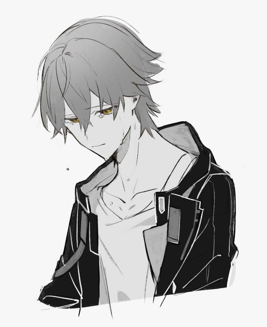 1boy caelus_(honkai:_star_rail) collarbone cropped_torso crying crying_with_eyes_open greyscale hair_between_eyes highres honkai:_star_rail honkai_(series) jacket looking_down male_focus monochrome open_clothes open_jacket saba_77 shirt short_hair sidelocks simple_background solo spot_color tears trailblazer_(honkai:_star_rail) white_background yellow_eyes